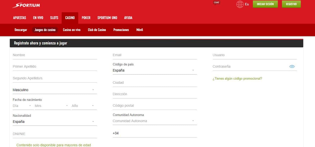 Ficha de registro Sportium